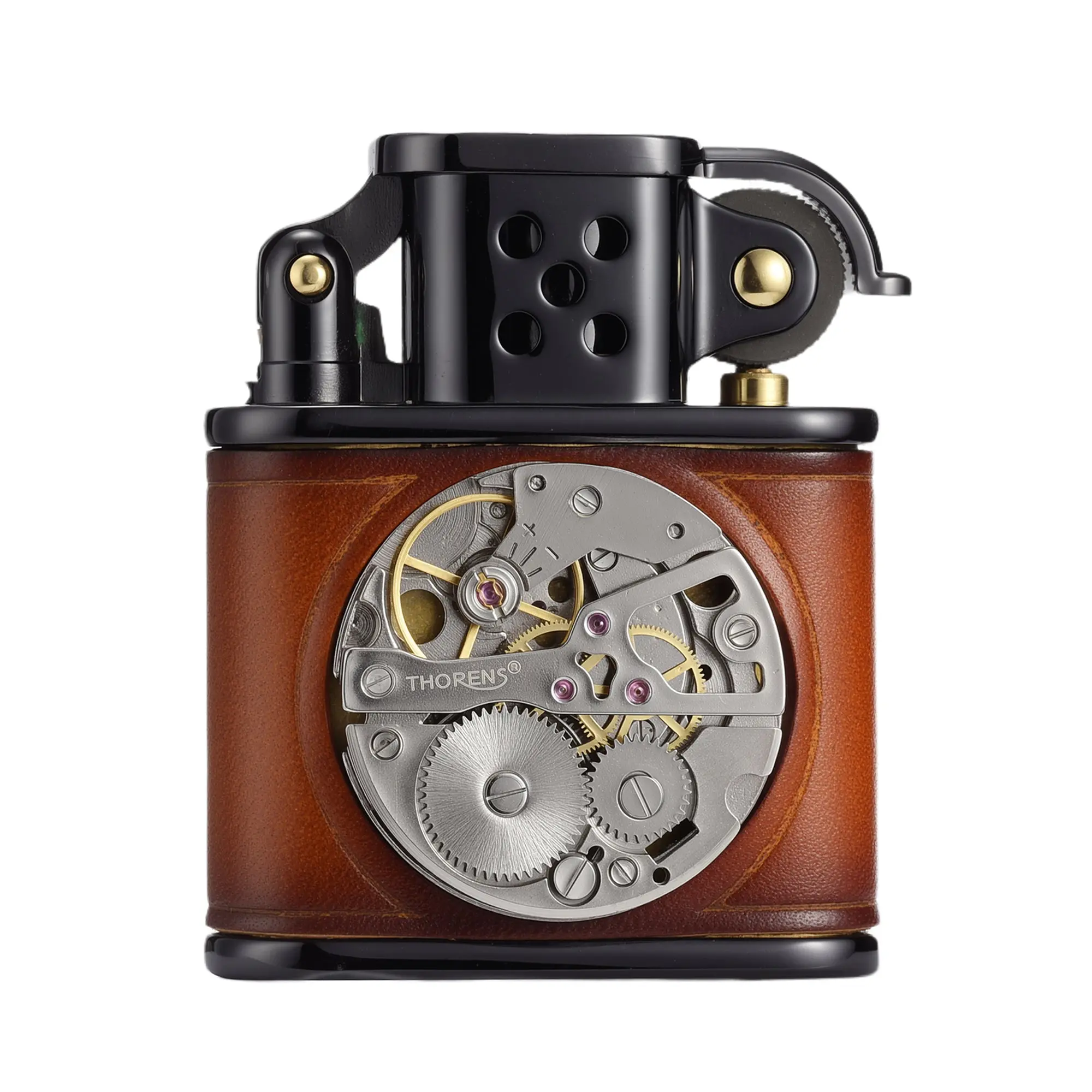 Handmade Cowhide Lighter - Inlaid Mechanical Movement - Brown And Black Color