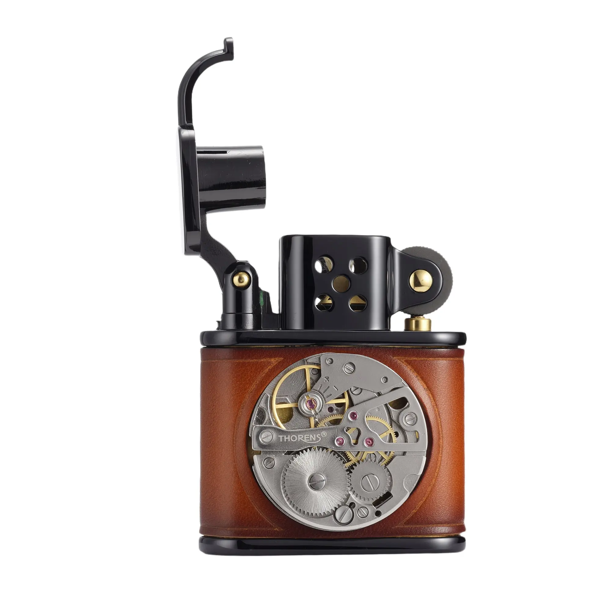 Handmade Cowhide Lighter - Inlaid Mechanical Movement - Brown And Black Color - Image 2