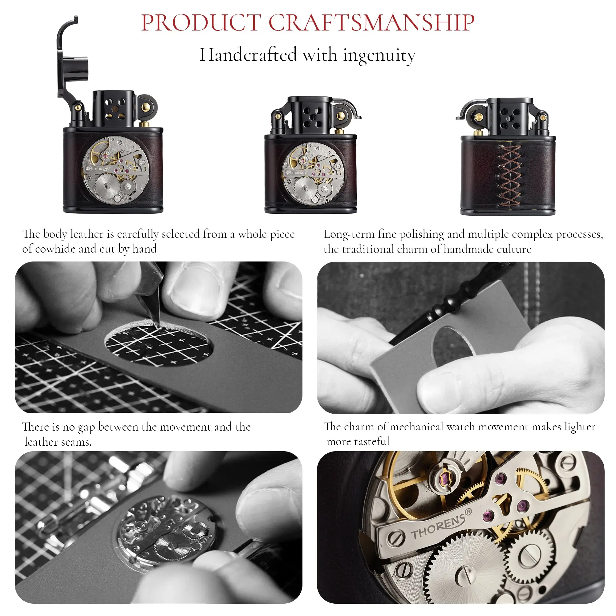 Handmade Cowhide Lighter - Inlaid Mechanical Movement - Red And Black Color - Image 4