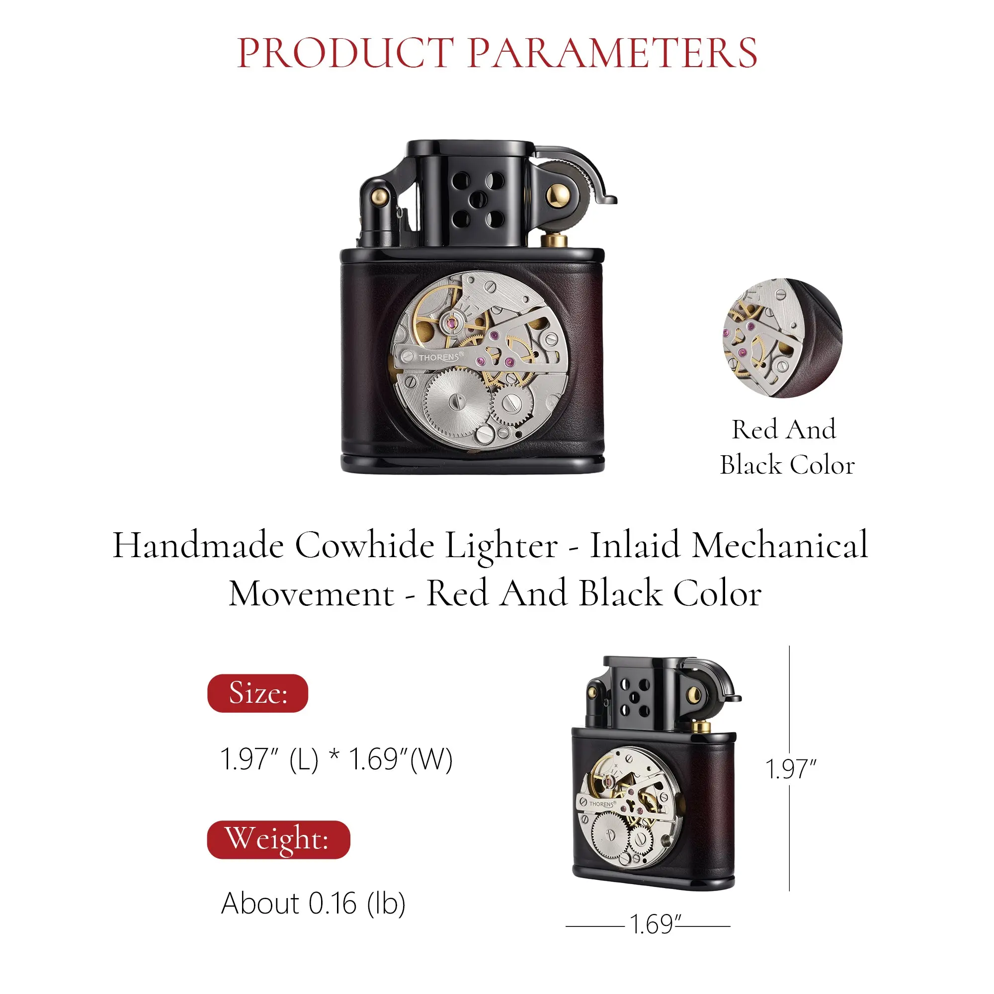 Handmade Cowhide Lighter - Inlaid Mechanical Movement - Red And Black Color - Image 5